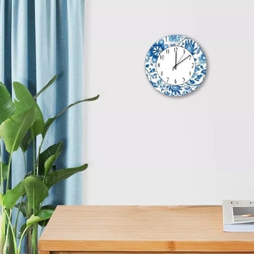 12 Inch PVC Wall Clocks Retro Blue Floral Digital Wall Clock Large Clock Wall Decorations for Home Bedroom Office School Nursery Cafe Bar Pub Home Decor