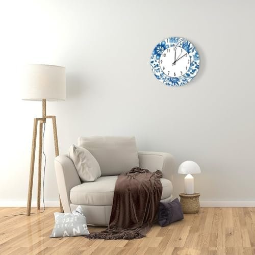 12 Inch PVC Wall Clocks Retro Blue Floral Digital Wall Clock Large Clock Wall Decorations for Home Bedroom Office School Nursery Cafe Bar Pub Home Decor
