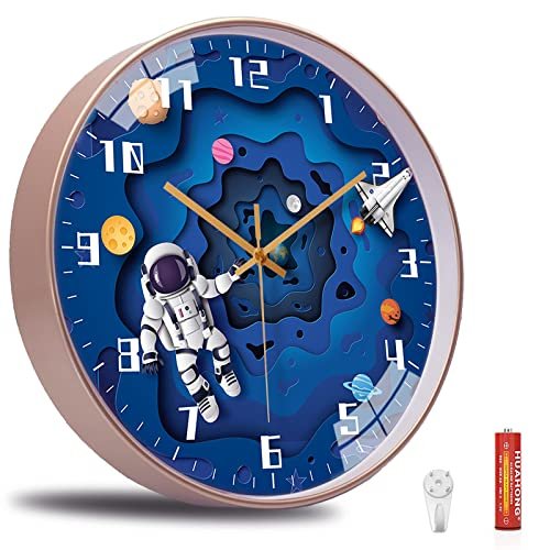 12 Inch Silent Movement Kids Wall Clock, Non Ticking Children Round Wall Clock Battery Operated Space Travel Style Decor Children Clock for School Boys Bedroom Living Room Space Decor (Blue)