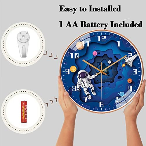 12 Inch Silent Movement Kids Wall Clock, Non Ticking Children Round Wall Clock Battery Operated Space Travel Style Decor Children Clock for School Boys Bedroom Living Room Space Decor (Blue)