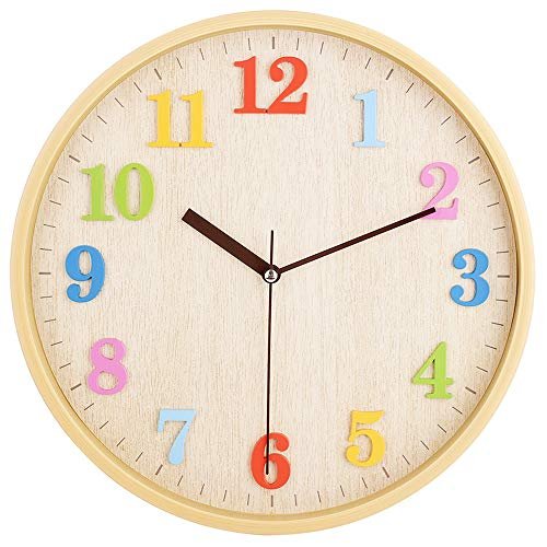 12" Wooden Look Wall Clock Silent Non-Ticking 3D Numbers Colorful Decorative Round Clock for Living Room, Bedroom and Office Battery Not Included - Light Brown