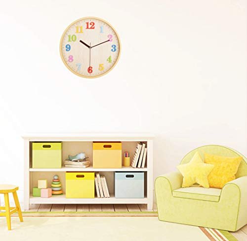 12" Wooden Look Wall Clock Silent Non-Ticking 3D Numbers Colorful Decorative Round Clock for Living Room, Bedroom and Office Battery Not Included - Light Brown