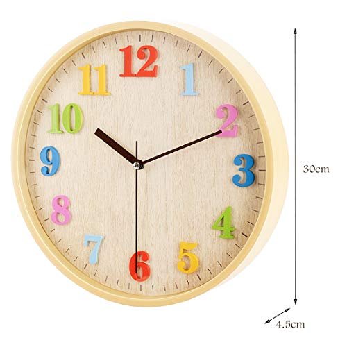 12" Wooden Look Wall Clock Silent Non-Ticking 3D Numbers Colorful Decorative Round Clock for Living Room, Bedroom and Office Battery Not Included - Light Brown