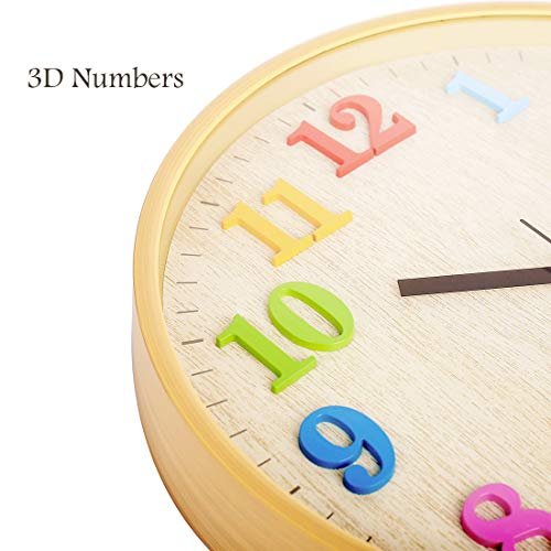 12" Wooden Look Wall Clock Silent Non-Ticking 3D Numbers Colorful Decorative Round Clock for Living Room, Bedroom and Office Battery Not Included - Light Brown