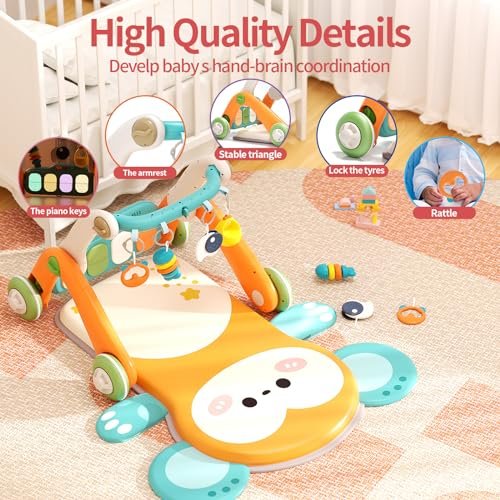 2 in 1 Baby Gym with Walker,Baby Play Mat with 5 Infant Learning Sensory,Double-Sided Multifunctional Removable Play Piano Panel,Sit-to-Stand Learning Walker for 0-24 Months Boy Girl [Orange]