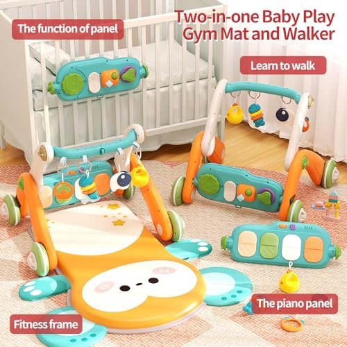 2 in 1 Baby Gym with Walker,Baby Play Mat with 5 Infant Learning Sensory,Double-Sided Multifunctional Removable Play Piano Panel,Sit-to-Stand Learning Walker for 0-24 Months Boy Girl [Orange]