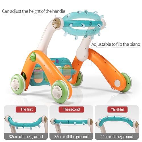 2 in 1 Baby Gym with Walker,Baby Play Mat with 5 Infant Learning Sensory,Double-Sided Multifunctional Removable Play Piano Panel,Sit-to-Stand Learning Walker for 0-24 Months Boy Girl [Orange]