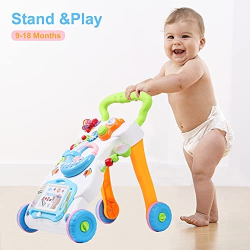 2 in 1 Sit to Stand Baby Walker with Music and Light, Push Toys for Toddlers 1-3 for Learning to Walk, Baby Walking Toys 6 to 12 Months for Infants Babies Toddlers Boys Girls