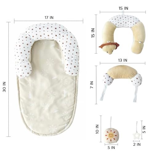 2-in-1 Tummy Time Mat and Seated Support with Sensory Toys – for Newborns and Babies – Includes Detachable Cushion for Supervised Play & Head/Neck Development (Sand)