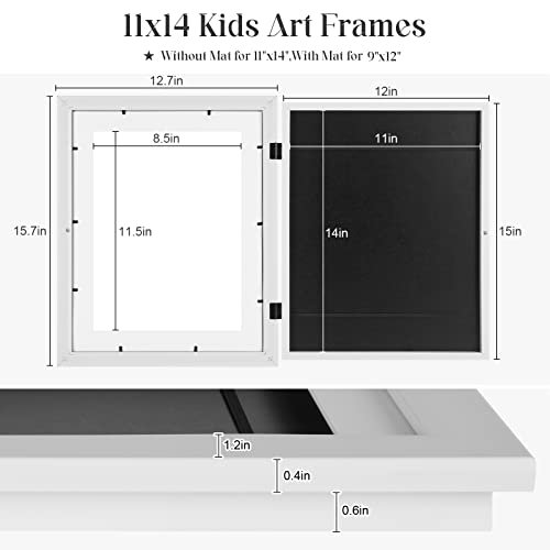 [2-Pack] Kids Art Frames, 11x14 Front Opening Kids Artwork Frames Changeable, White Artwork Display Storage Frame for Wall, Holds 50 Pcs, for 3D Picture, Crafts, Children Drawing, Hanging Art,