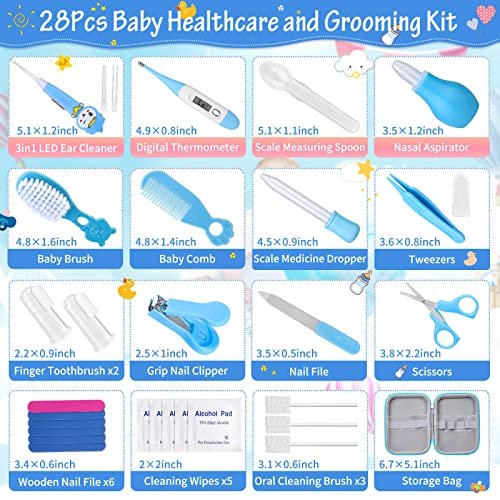 28Pcs Baby Healthcare and Grooming Kit modacraft Baby Safety Set with Hair Brush Lighting Ear Cleaner Nail Clippers Scale Measuring Spoon for Nursery Newborn Baby Girls Boys Kids Blue