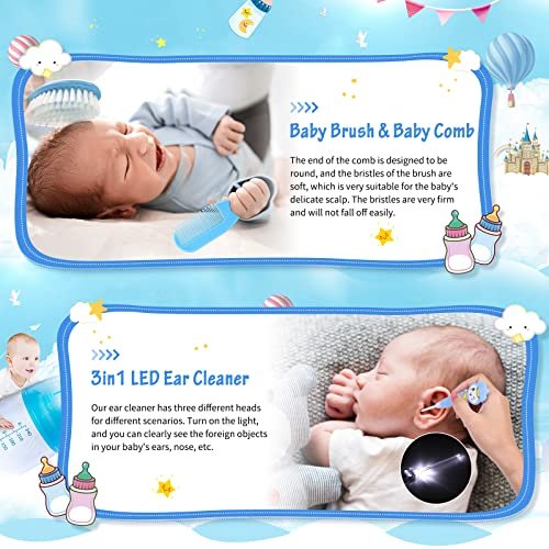 28Pcs Baby Healthcare and Grooming Kit modacraft Baby Safety Set with Hair Brush Lighting Ear Cleaner Nail Clippers Scale Measuring Spoon for Nursery Newborn Baby Girls Boys Kids Blue