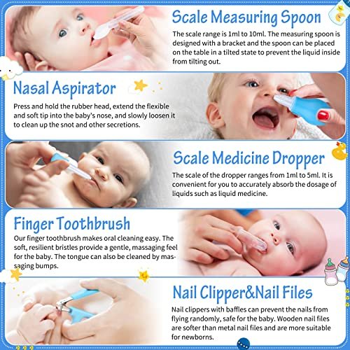 28Pcs Baby Healthcare and Grooming Kit modacraft Baby Safety Set with Hair Brush Lighting Ear Cleaner Nail Clippers Scale Measuring Spoon for Nursery Newborn Baby Girls Boys Kids Blue