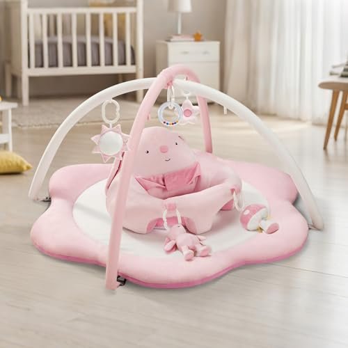 3-in-1 Baby Play Mat, Baby Seats for Infants for Sitting Up, Tummy Time Mat with 5 Detachable Toys, Baby Activity Gym & Playmats for Babies 0-6 6-12 Months, Newborn Baby Shower Gifts