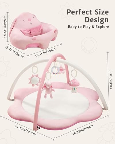 3-in-1 Baby Play Mat, Baby Seats for Infants for Sitting Up, Tummy Time Mat with 5 Detachable Toys, Baby Activity Gym & Playmats for Babies 0-6 6-12 Months, Newborn Baby Shower Gifts