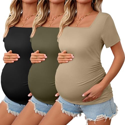 3 Pack Women's Maternity Shirts Square Neck Side Ruched Short Sleeve Maternity Tops Casual Knitted Pregnancy Tees