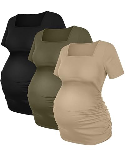 3 Pack Women's Maternity Shirts Square Neck Side Ruched Short Sleeve Maternity Tops Casual Knitted Pregnancy Tees