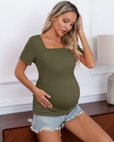 3 Pack Women's Maternity Shirts Square Neck Side Ruched Short Sleeve Maternity Tops Casual Knitted Pregnancy Tees