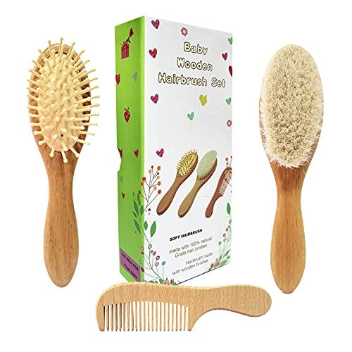 3 Piece Baby Hair Brush and Comb Set for Newborn & Toddlers- Natural Wooden Hairbrush with Soft Goat Bristles for Cradle Cap - Perfect Scalp Grooming Product for Infant, Toddler, Kids, Baby