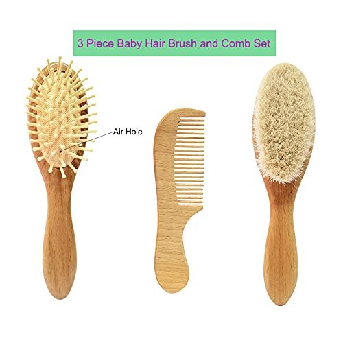 3 Piece Baby Hair Brush and Comb Set for Newborn & Toddlers- Natural Wooden Hairbrush with Soft Goat Bristles for Cradle Cap - Perfect Scalp Grooming Product for Infant, Toddler, Kids, Baby