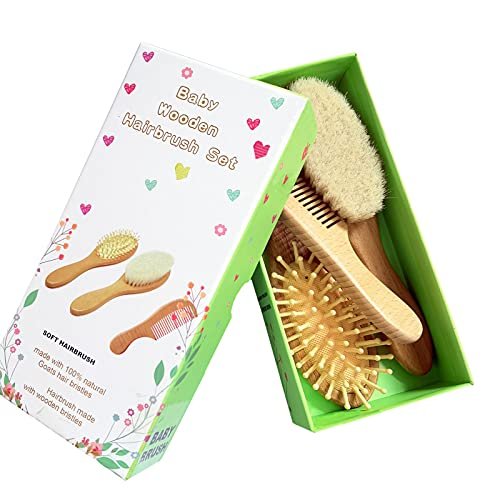 3 Piece Baby Hair Brush and Comb Set for Newborn & Toddlers- Natural Wooden Hairbrush with Soft Goat Bristles for Cradle Cap - Perfect Scalp Grooming Product for Infant, Toddler, Kids, Baby