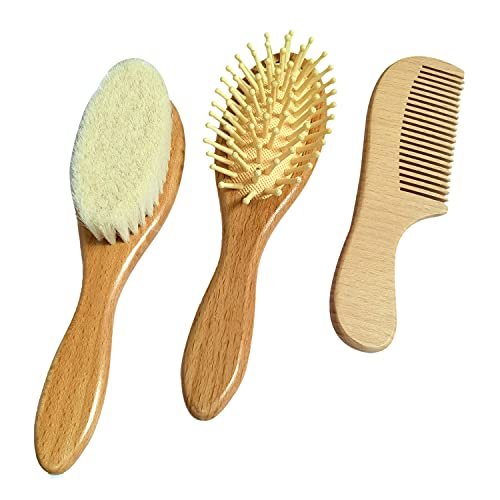 3 Piece Baby Hair Brush and Comb Set for Newborn & Toddlers- Natural Wooden Hairbrush with Soft Goat Bristles for Cradle Cap - Perfect Scalp Grooming Product for Infant, Toddler, Kids, Baby