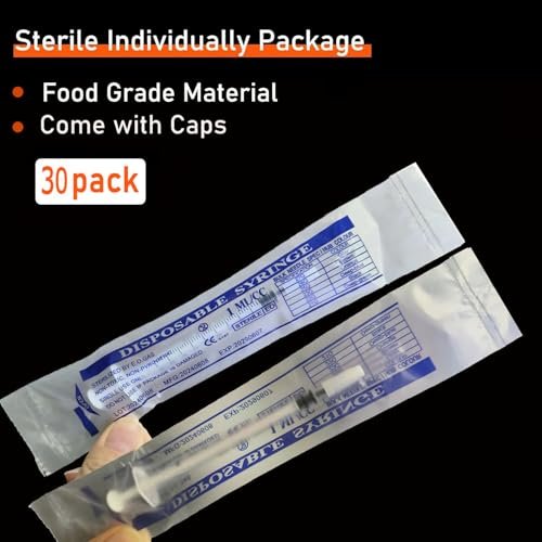30Pcs 1ml Syringes with Caps Oral Dispenser Individually Sterile Warpped for Medicine Dropper, Colostrum Collect Feeding Pets, Measuring Liquids, Scientific Labs, Plant Watering