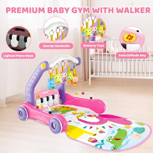 4-in-1 Baby Gym Play Mat with Learning Walker, Tummy Time Mat & Baby Push Toys for Newborn Infant 0-3-6-9-12 Month Boy Girl, Babies Activity Center with Play Piano & Lights, Ideal Toddler Baby Gifts