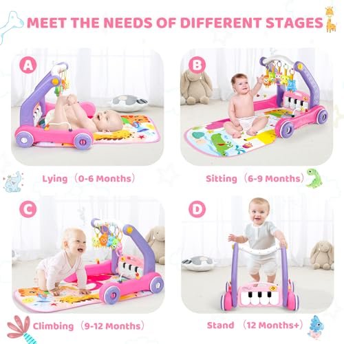4-in-1 Baby Gym Play Mat with Learning Walker, Tummy Time Mat & Baby Push Toys for Newborn Infant 0-3-6-9-12 Month Boy Girl, Babies Activity Center with Play Piano & Lights, Ideal Toddler Baby Gifts