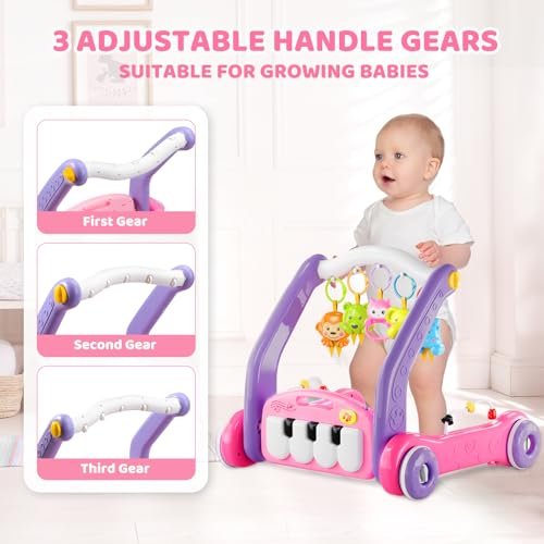4-in-1 Baby Gym Play Mat with Learning Walker, Tummy Time Mat & Baby Push Toys for Newborn Infant 0-3-6-9-12 Month Boy Girl, Babies Activity Center with Play Piano & Lights, Ideal Toddler Baby Gifts