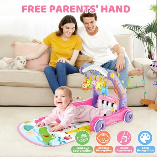 4-in-1 Baby Gym Play Mat with Learning Walker, Tummy Time Mat & Baby Push Toys for Newborn Infant 0-3-6-9-12 Month Boy Girl, Babies Activity Center with Play Piano & Lights, Ideal Toddler Baby Gifts