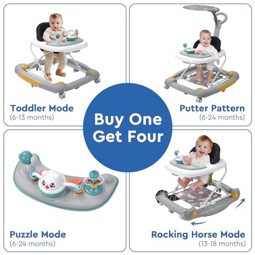 4 in 1 Baby Walker with Wheels, Adjustable Height, Music, Lights, Rocker Mode, Activity Walker and Bouncer Combo for Boys & Girls 6-24 Months