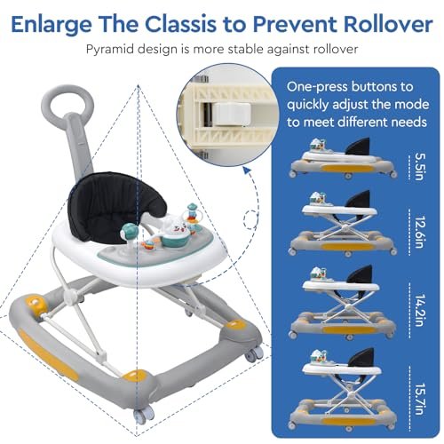 4 in 1 Baby Walker with Wheels, Adjustable Height, Music, Lights, Rocker Mode, Activity Walker and Bouncer Combo for Boys & Girls 6-24 Months