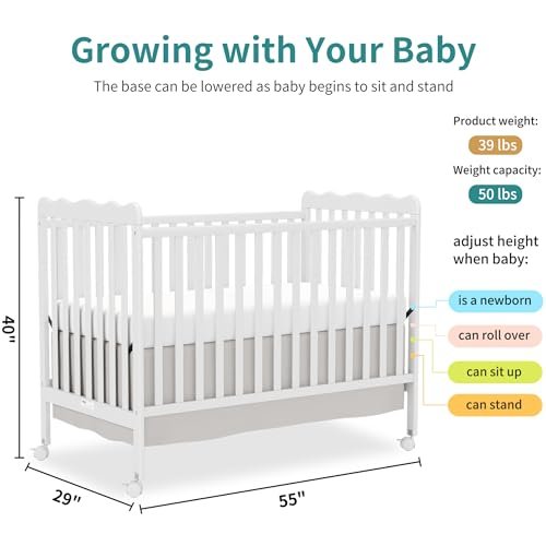 4 in 1 Convertible Baby Crib, Wooden Nursery Cribs Converts into Toddler Bed and Daybed, 3 Adjustable Base, Non-Toxic Finishes, Removable Wheels (White)