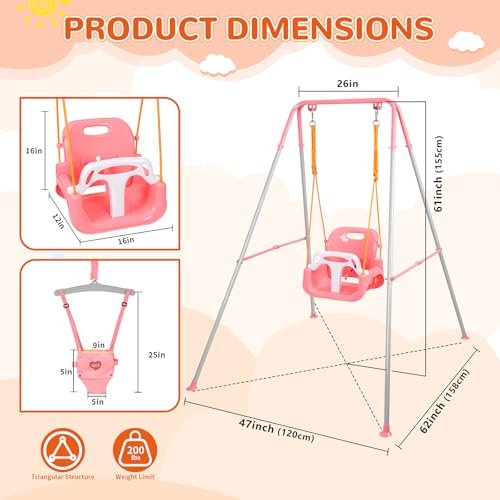 4-in-1 Swing Set & Baby Jumper and Bouncer for Toddler, Heavy Duty Baby Swing Set with Foldable Metal Stand for Indoor & Outdoor Play, Adjustable Swingset for Toddler (Pink)