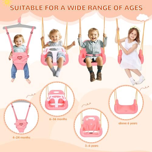 4-in-1 Swing Set & Baby Jumper and Bouncer for Toddler, Heavy Duty Baby Swing Set with Foldable Metal Stand for Indoor & Outdoor Play, Adjustable Swingset for Toddler (Pink)