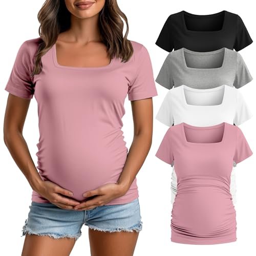 4 Pack Women's Maternity Shirts Cotton Square Neck Pregnancy Tops Side Ruched Summer Short Sleeve Tees Multipack