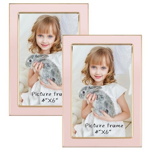 4x6 Pink Enamel Picture Frames - Metal Gold Edge - Cute Frame for 4 x 6 Inch Photos Pictures Artwork - Real Glass - With Tabletop Easel Stand - Hanger for Wall Mount Display (2 Pack)