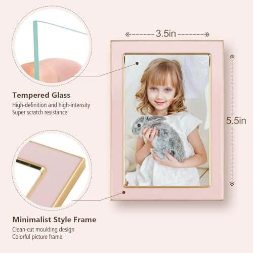 4x6 Pink Enamel Picture Frames - Metal Gold Edge - Cute Frame for 4 x 6 Inch Photos Pictures Artwork - Real Glass - With Tabletop Easel Stand - Hanger for Wall Mount Display (2 Pack)