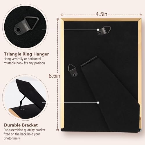 4x6 Pink Enamel Picture Frames - Metal Gold Edge - Cute Frame for 4 x 6 Inch Photos Pictures Artwork - Real Glass - With Tabletop Easel Stand - Hanger for Wall Mount Display (2 Pack)
