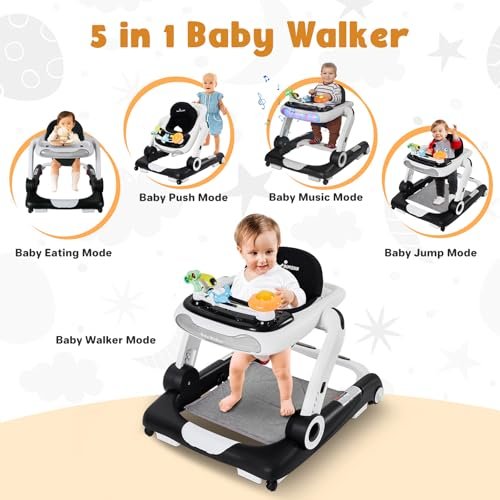 5 in 1 Baby Walker, Activity Baby Walker-Baby Bouncer, Rocker, Activity Center,Seat and Push Walker,Detachable Trampoline Mat, Adjustable Speed Rear Wheels and Height,Ages 6-18 Months (Black)