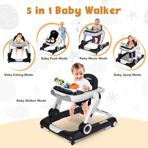 5 in 1 Baby Walker, Activity Baby Walker-Baby Bouncer, Rocker, Activity Center,Seat and Push Walker,Detachable Trampoline Mat, Adjustable Speed Rear Wheels and Height,Ages 6-18 Months (Black)