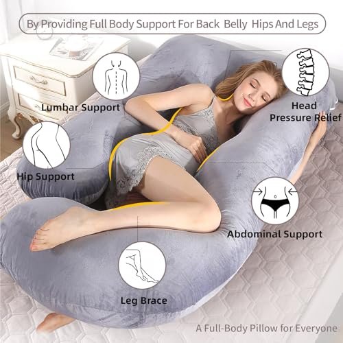 60 Inch Full Body Pregnancy Pillows for Sleeping Cooling Pregnancy Pillow,U Shaped Pregnancy Body Pillow,Maternity Pillows for Pregnant Women with Removable Washable Velvet Cover.(Grey)
