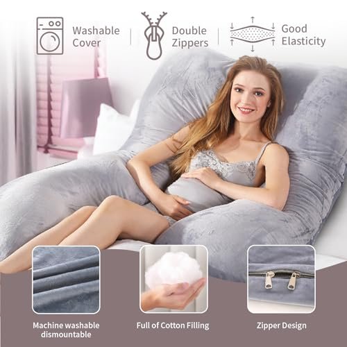 60 Inch Full Body Pregnancy Pillows for Sleeping Cooling Pregnancy Pillow,U Shaped Pregnancy Body Pillow,Maternity Pillows for Pregnant Women with Removable Washable Velvet Cover.(Grey)