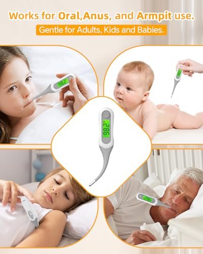 8 Seconds Digital Oral Thermometer for Adults and Kids, Accurate & Safe Baby Thermometer with Fever Alarm, 3 Backlits Display, Flexible Tip, Medical Basal Thermometer for Rectal, Underarm