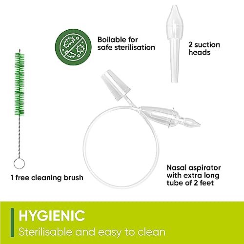 Airmed's Vac Nasal Aspirator Baby. CLINICALLY Tested, Safe and Gentle. Baby Nose Sucker with 2 Suction Heads and Cleaning Brush. Safe and Gentle Baby Nasal Aspirator with Strength of a Vacuum Cleaner