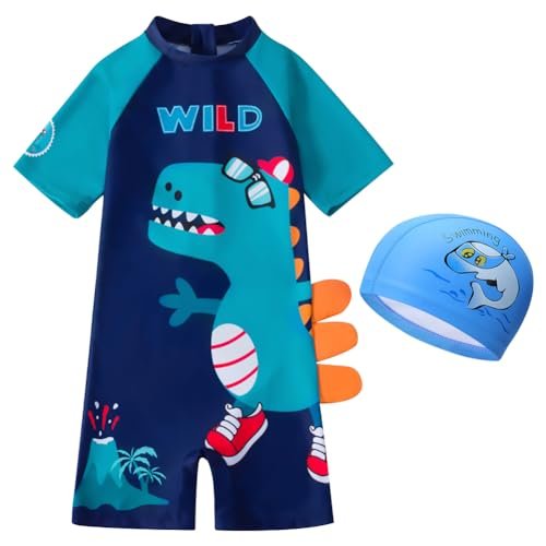 AIWUHE Toddler Boys Swimsuits One Piece Rash Guard Swimwear Zipper Bathing Suit UPF50+ with Hat Dinosaur Swimsuit Set