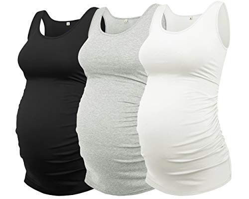 AMPOSH Women's Maternity Tank Top 3 Pack Ruched Side Sleeveless Pregnancy Basic Shirt