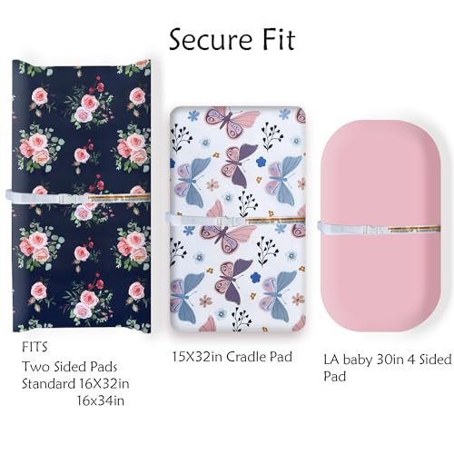AMROSE 3 Pack Easy Care Changing Pad Covers, Ultra Soft Microfiber Diaper Change Table Sheets for Baby Girls, Floral & Butterfly & Pink