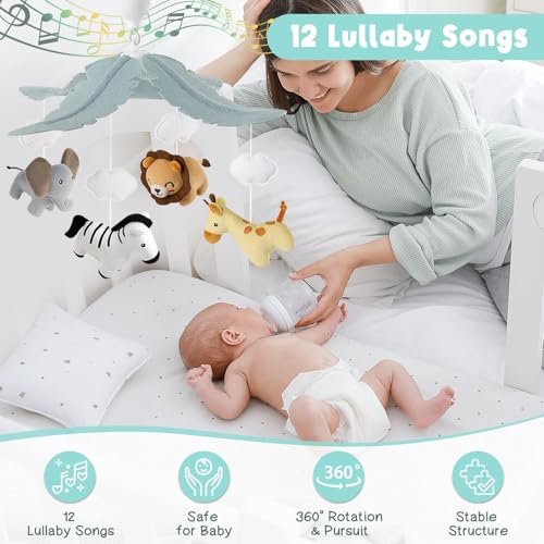 Animals Baby Crib Mobile - Safari Baby Mobile for Crib with 12 Lullabies for Boys & Girls, Baby Mobile for Bassinet for New Borns, Nursery Mobiles, Fits Standard Cribs